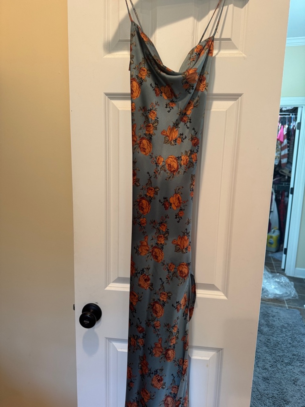 Astr The Label Dusty Blue Midi Slip Dress with Orange Floral Print - Picture 2 of 2